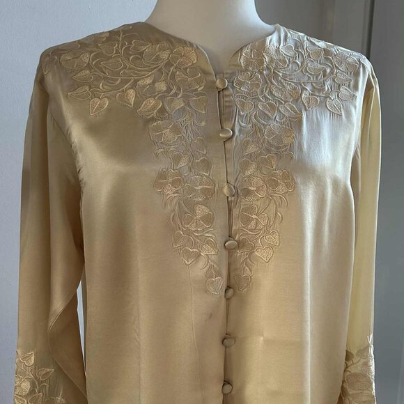 Vintage Bob Mackie Pure Silk Warm Champagne Embroidered Buttoned Blouse – US 10 - Picture 3 of 11